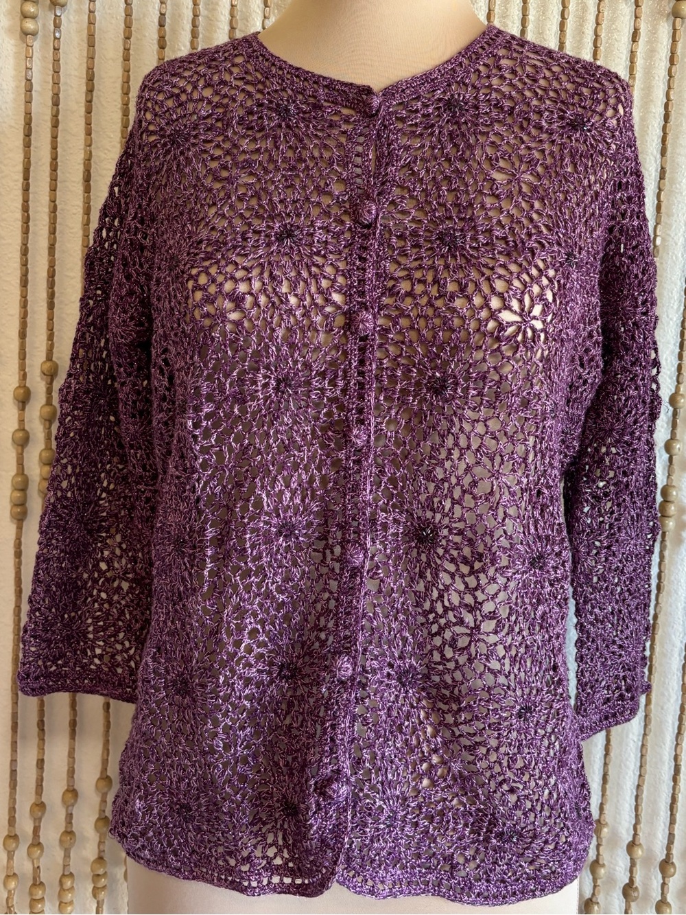Vintage Dark Purple Whimsy Goth Beaded Crochet Floral Button Down Sweater Med